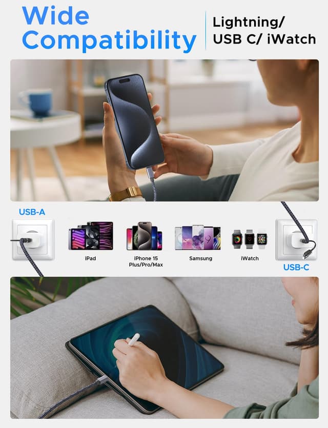 Detalle de Amasuki 2Pack Travel Essentials Multi Charging Cable (Lightning to Lightning, 3-in-2) for Apple Watch & iPhone