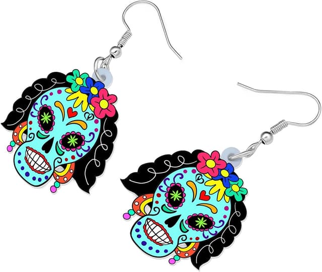 Detalle de LONYOO Acryl-Schädel-Ohrhänger für Halloween und „Tag der Toten“ – leicht, beidseitig bedruckt, mit Samtbeutel