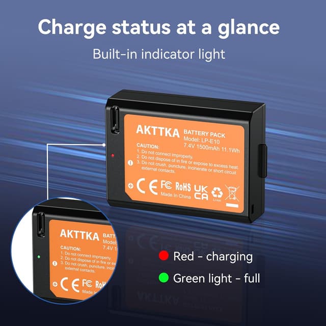 Thumbnail 6 de Lot de 3 batteries AKTTKA LP-E10 1500 mAh avec charge directe USB-C (câble 2-en-1) pour Canon LP-E10