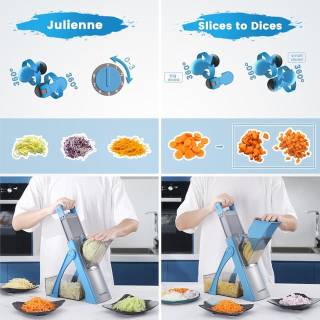 Detalle de SupMaKin Upgrade Safe Mandoline Slicer Plus (Blue) — Adjustable Vegetable Slicer & Chopper
