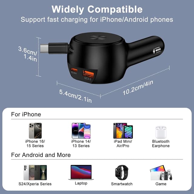 Detalle 2 de Ouorkee 3-in-1 Zigarettenanzünder USB-C Auto-Ladegerät (30W+30W+18W) mit ausziehbarem Kabel