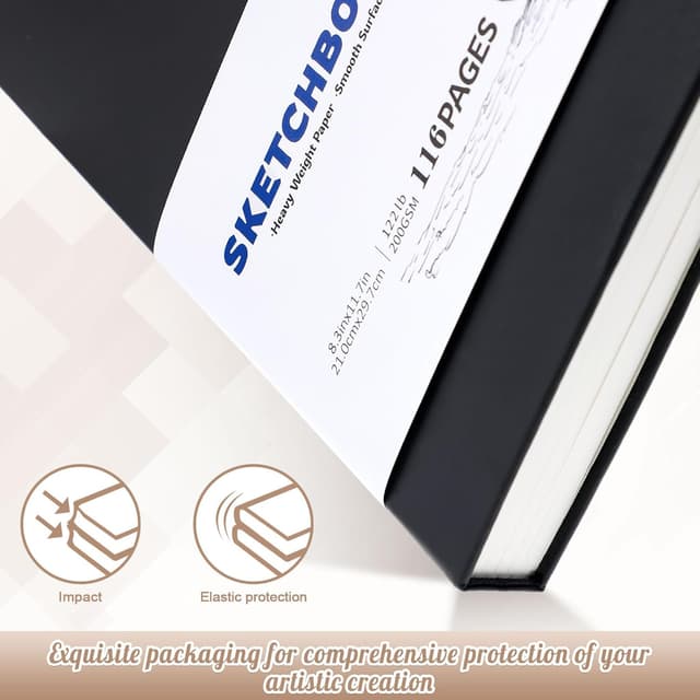 Thumbnail 2 de A4 Sketchbook 58 Sheets (116 pages) with 200GSM Thick Paper – Black Hardback Drawing Pad, 21 x 29.7 cm