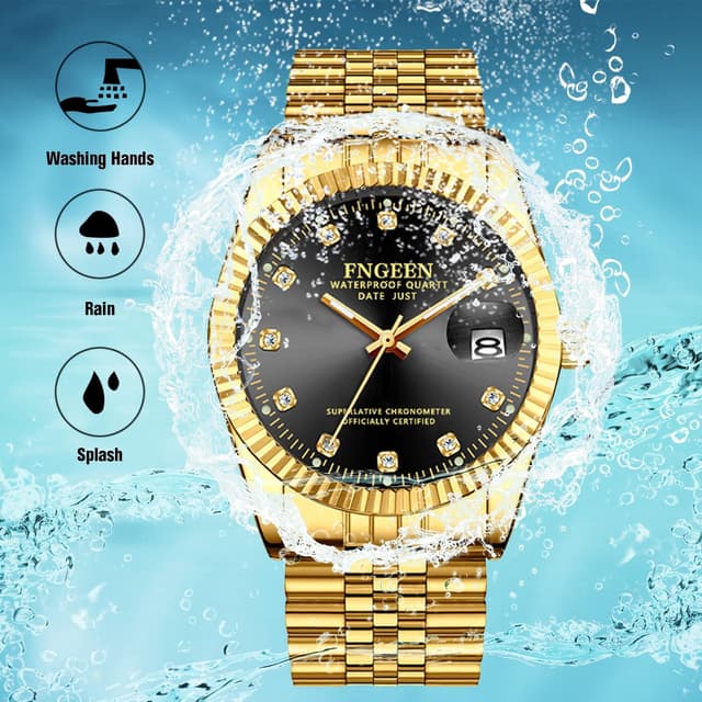 Detalle de Avaner Herren Uhr Golden Armbanduhr mit Strasssteinen, leuchtenden Zeigern und Edelstahlarmband (analog, Quarz)