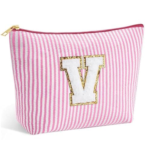 Detalle de SEFORICO Personalized Make Up Bag with Glitter Letters – Large Capacity A-Z Cosmetic & Toiletry Pouch