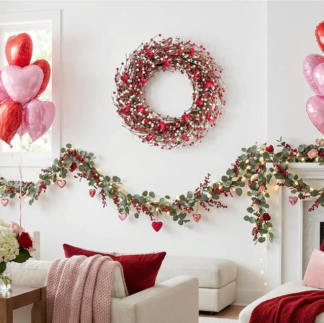 Thumbnail 1 de 24 Inch Valentines Day Red and White Berries Wreath for Front Door ❤️🎍