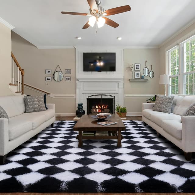 Detalle 2 de FVVRAX Checkered Fluffy Rug (200x300cm) in Black & White