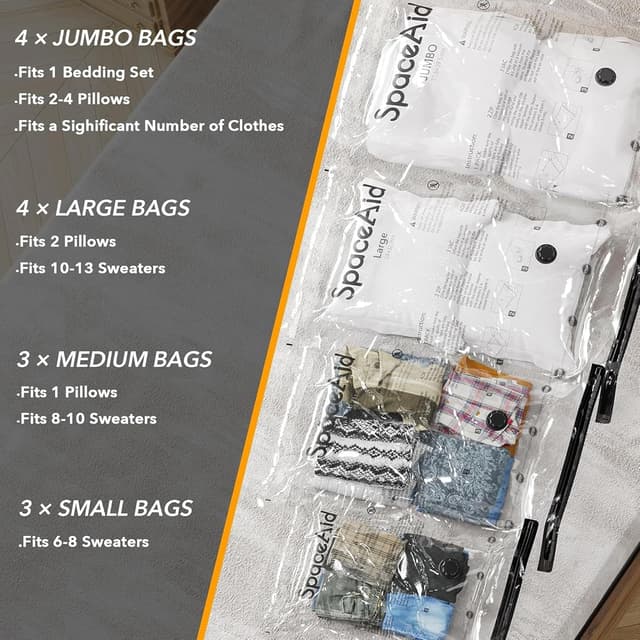 Detalle de SpaceAid 14-pack vacuum storage bags with electric air pump (Jumbo to Small) for bedding, pillows and clothes