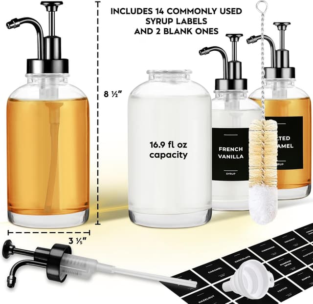 Detalle 2 de Spaceneat Coffee Syrup Dispenser with Pump (Glass, 500 ml) – Set of 4 with 24 flavour labels, cleaning brush & funnel