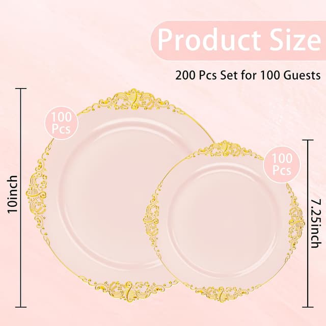 Detalle de Joyido 200PCS Pink and Gold Disposable Plates Set for Weddings, Bridal Showers, and More