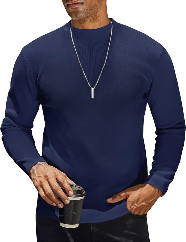 Detalle 2 de COOFANDY T-shirt homme col montant manches longues à effet thermique, couleur unie