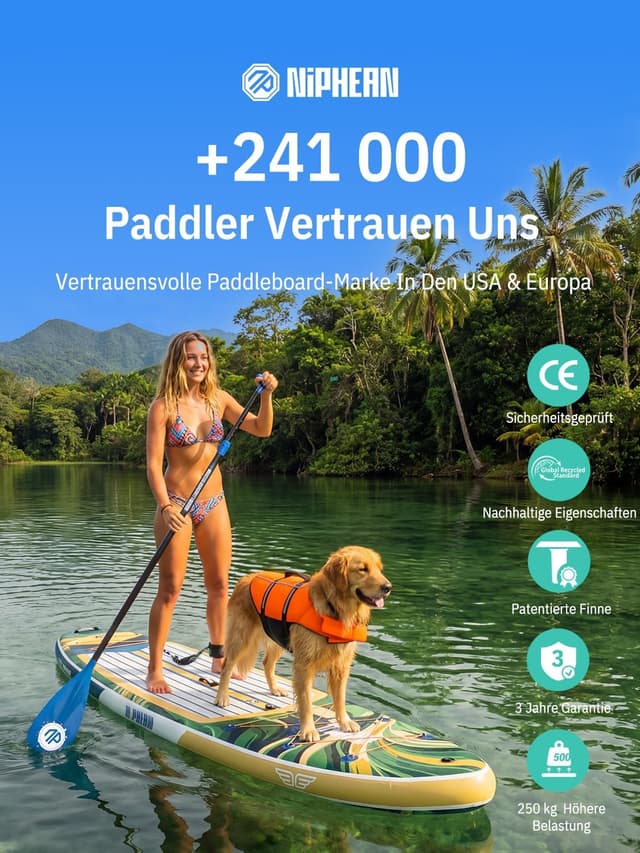 Detalle 2 de niphean (Extra Groß) Stand Up Paddling Board für 2+1 Personen, SUP für Anfänger mit StabilTrac, wasserdichte Handyhülle