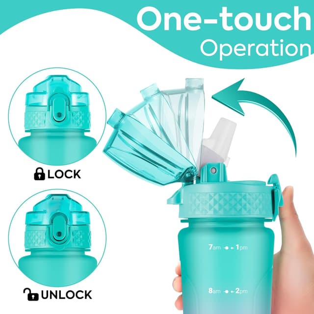 Detalle de Oldley 450ml/15oz kids water bottle with straw lid, time markings and one-touch opening (BPA-free, leakproof)