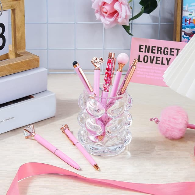 Detalle de WEMATE 8-piece Pink Ballpoint Pens set with bling look (pink, black & blue ink)