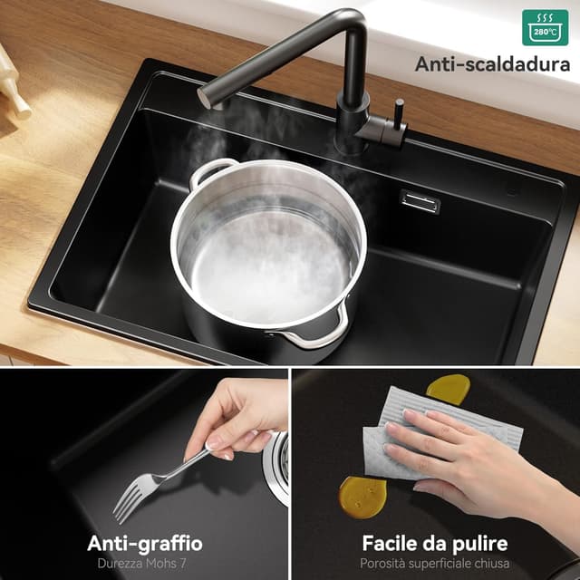 Detalle de ANYCEE Lavello Cucina Nero 70x46 cm in granito (80% sabbia di quarzo) con 1 vasca e sistema di scarico