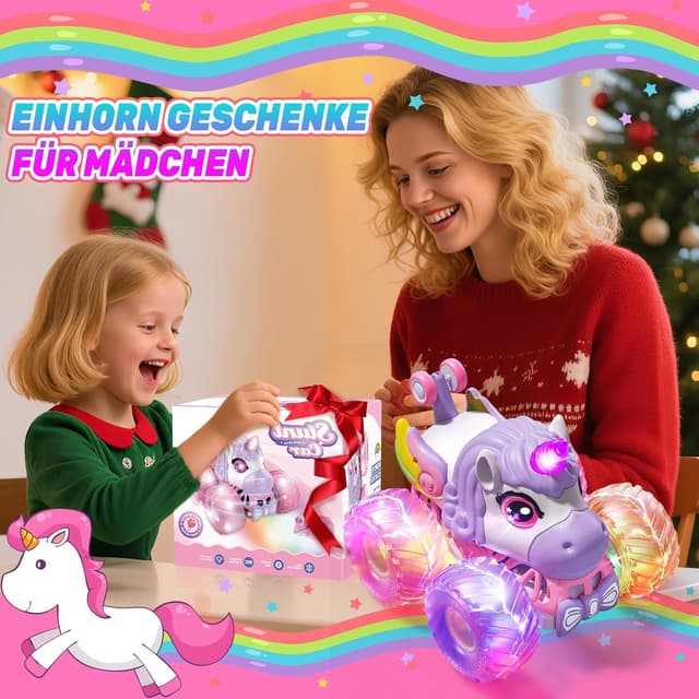 Detalle de Ferngesteuertes Einhorn-Monstertruck Auto für Mädchen (ab 3 Jahren), 1/20 mit 360°-Drehung, Musik & Licht, 2,4 GHz