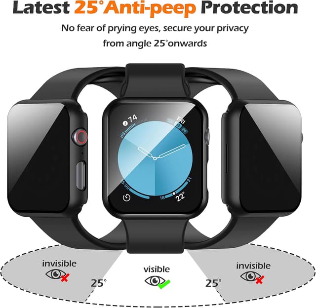 Detalle de Misxi 2-Pack All-Around Protective Privacy PC Case for Apple Watch SE 3/SE 2/Series 6/5/4 44mm (Black) with Anti-Spy Tempered Glass