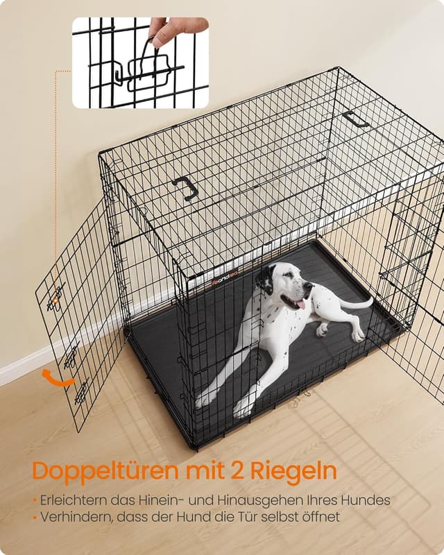 Detalle de Feandrea Hundekäfig klappbar mit 2 Türen und ausziehbarer Kunststoffschale (122 x 74 x 114 cm, XXL) PPD050B01