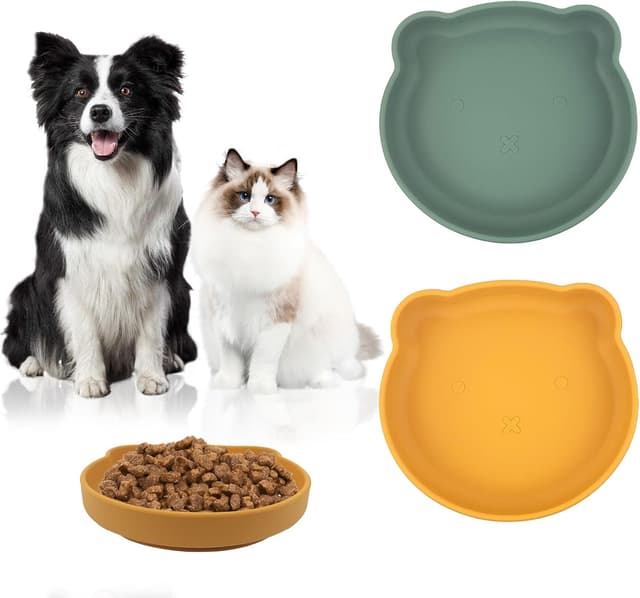 Detalle de FINEASY 2PCS Silicone Shallow Cat Bowls (Whisker Friendly) – Flat Food & Water Dishes, Orange & Green