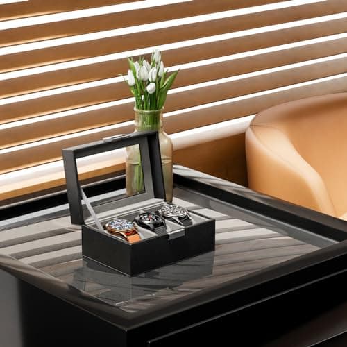 Detalle de ProCase caja para 3 relojes con tapa de cristal y cojín extraíble (negro)