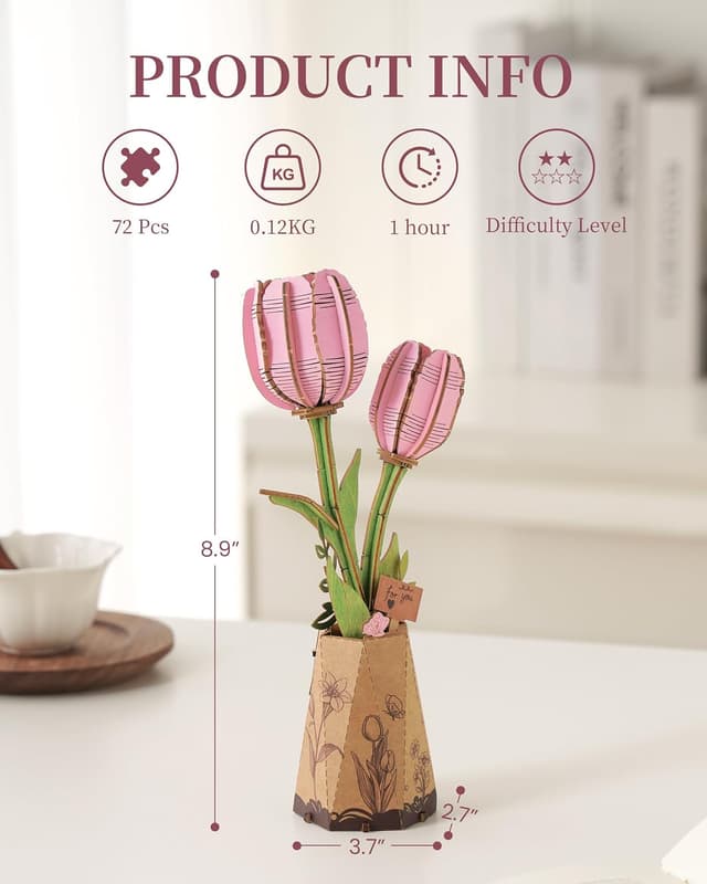 Thumbnail 2 de ROBOTIME Pink Tulip 3D Wooden Puzzle 1.5h