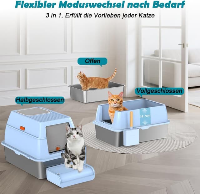 Thumbnail 6 de SZEETECH Katzenklo Edelstahl XL (60 x 40 x 39,5 cm) mit Deckel, zwei Ausgänge und Set aus Schaufel + Matte + Trittstufe (blau)