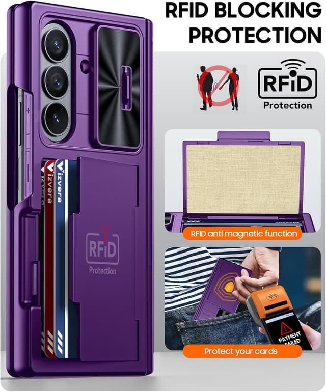 Detalle 2 de Vizvera Case for Samsung Galaxy Z Fold 7 (Purple) with RFID wallet card holder, HD tempered glass and sliding camera cover