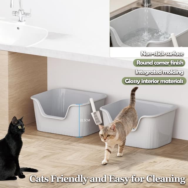 Detalle de Vealind Cat Litter Tray High Sided with Side Entry (2 Pack) with Scoop – Deep, Anti-splash kitten litter box