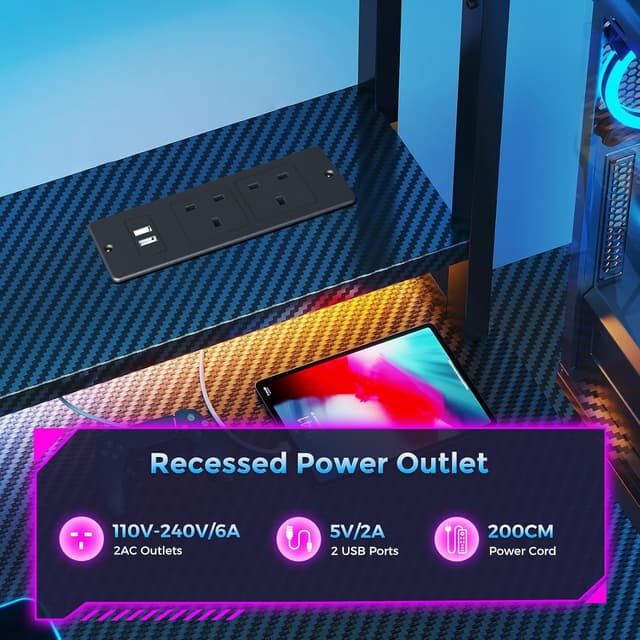 Detalle 2 de Coleshome Gaming Desk with Drawers & Display Shelves (138×48 cm) with LED Lights & Sockets – Carbon Fibre Black