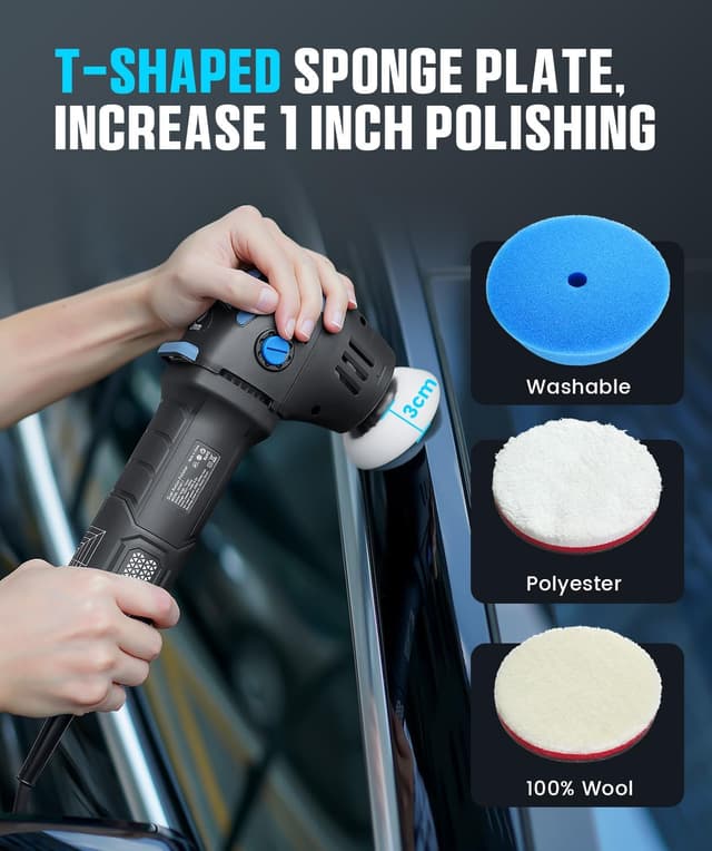 Detalle 2 de Compact 2/3-inch dual action car polisher (750W) with 16 trapezoidal pads and buffers