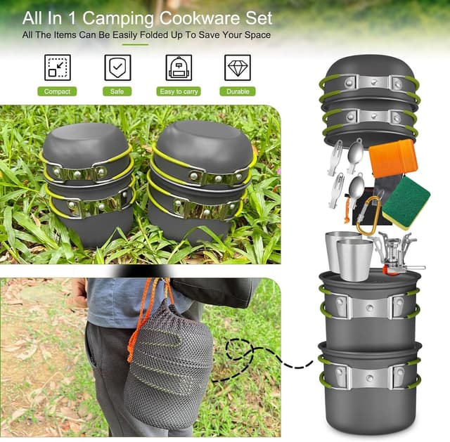 Detalle de AUTOPkio 18-piece Camping Cooking Set with Mini Gas Stove (Non-stick folding cookware kit for 1–2 people)