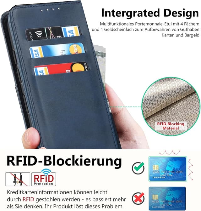 Detalle de Vaki Handyhülle für Samsung Galaxy S24 FE: PU-Leder Wallet Case mit Schutzfolie, Kartenfach & Standfunktion (Blau)