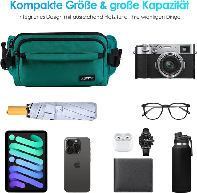 Detalle de AGPTEK Bauchtasche für Herren und Damen – wasserdichte Gürteltasche mit 5 Fächern und RFID-Schutz