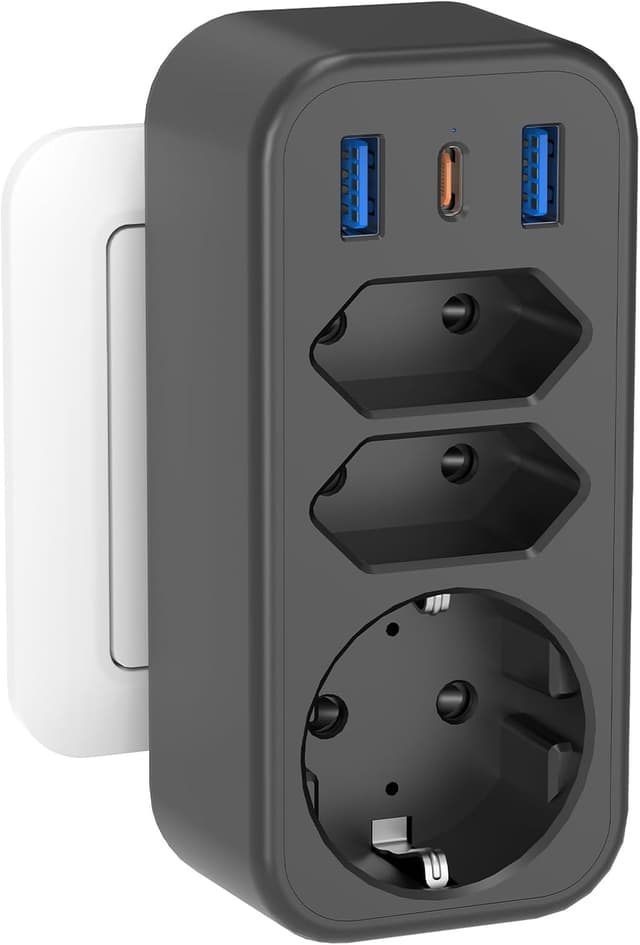 Detalle de 6-in-1 Mehrfachstecker mit PD 20W USB‑C – STGAROT Steckdosenadapter für 3 Euro- & Schuko-Anschlüsse