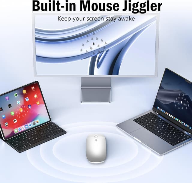 Detalle 2 de Azmall Wireless Mouse Slim (wiederaufladbar, Dual-Modus 2,4G & Bluetooth, silberner Jiggler-Modus) für MacBook Air, Laptop & Tablet