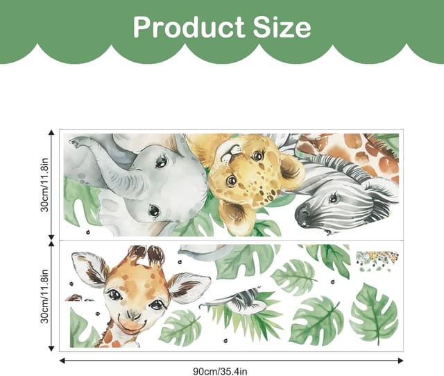 Detalle 2 de Tanlaby Jungle Animal Wall Stickers – Cartoon Giraffe, Zebra & Elephant Peel-and-Stick Wall Decals for Kids