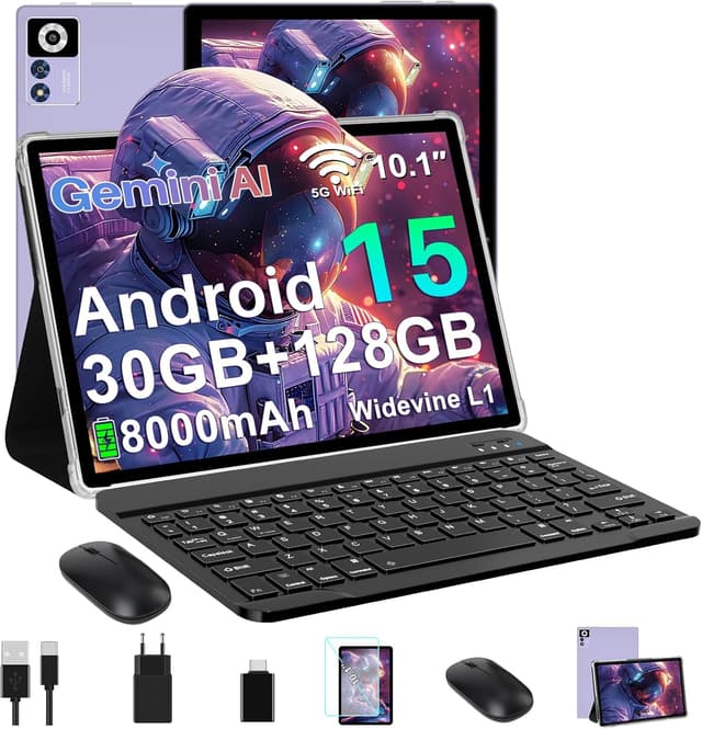 Detalle de ZIOVO Android 15 Tablet 10 Zoll mit Gemini AI, 30GB RAM + 128GB ROM (bis 1TB), 5G WLAN, GPS, Face ID & Tastatur/Maus – Lila