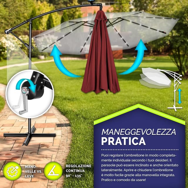 Detalle de Tillvex Ombrellone da giardino LED solare Ø300 cm con manovella e base impermeabile