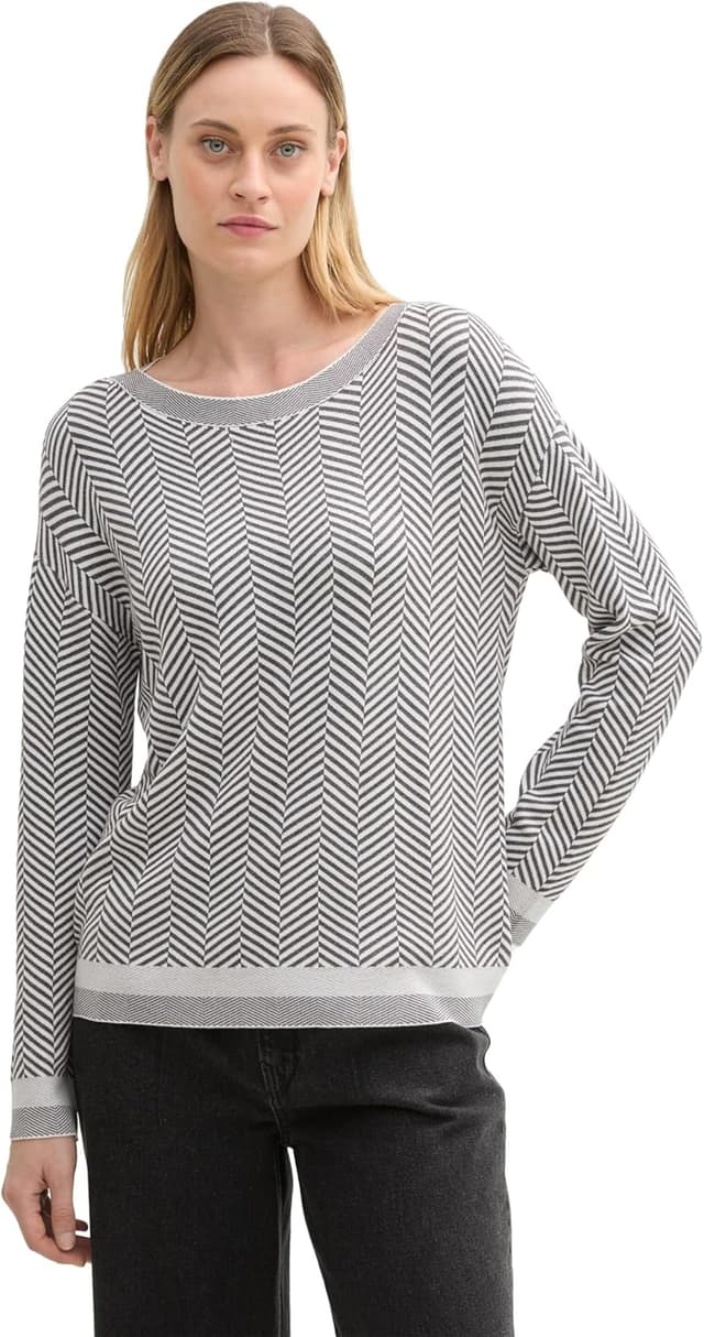 Detalle de TOM TAILOR Pullover donna con motivo a spiga e righe al fondo