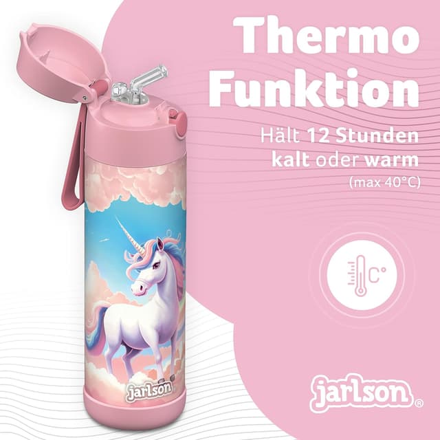 Detalle 2 de Jarlson® Kinder-Trinkflasche Charli aus Edelstahl (500 ml) mit Strohhalm – auslaufsicher, BPA-frei