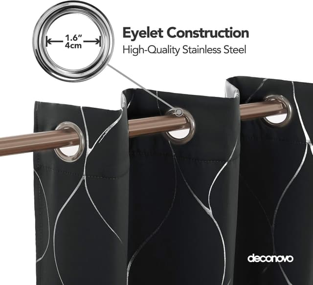 Detalle de Deconovo Blackout Thermal Eyelet Curtains (Silver Wave Foil Print), 2 Panels – 66 x 90 Inch, Black