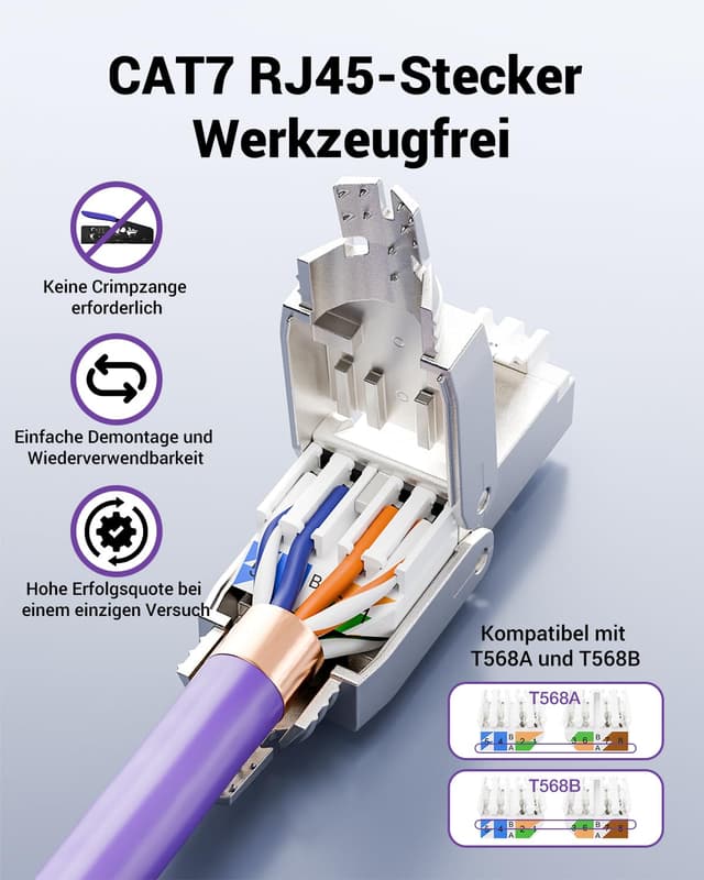 Detalle 2 de VCELINK RJ45 Stecker Cat7 werkzeuglos, geschirmt – PoE-kompatibel (4 Stück), 10 Gbit/s / 600 MHz