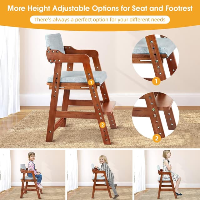 Detalle de Ezebaby Hochstuhl höhenverstellbar aus Buchenholz (Nussbaum-Optik), für Kinder von 3 bis 12 Jahren bis 90 kg