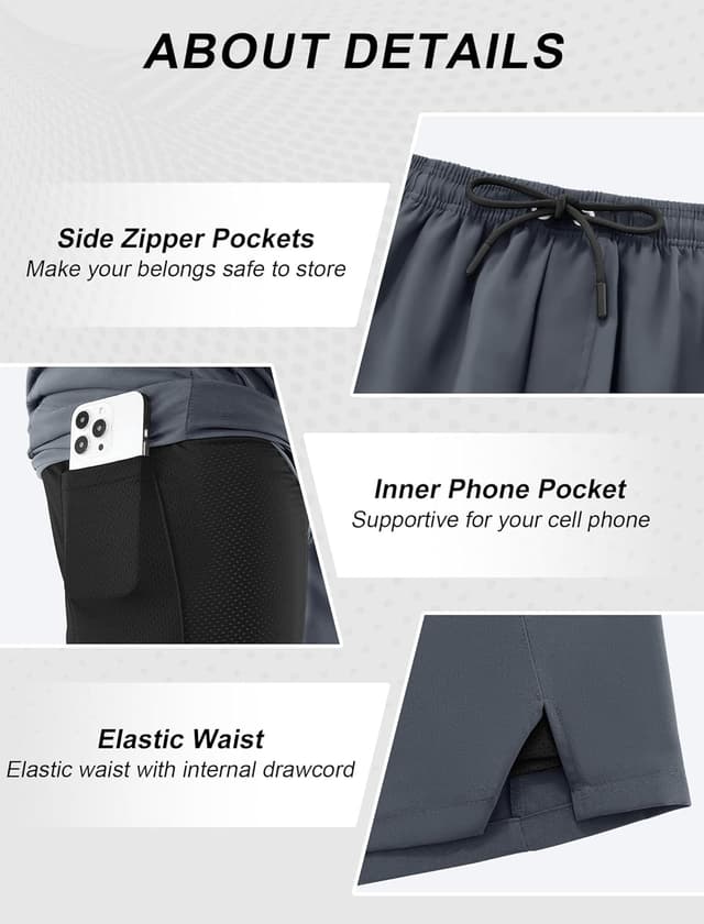 Detalle de Veepro men’s 2 in 1 running shorts with compression liner, quick-dry 7" and zip pockets