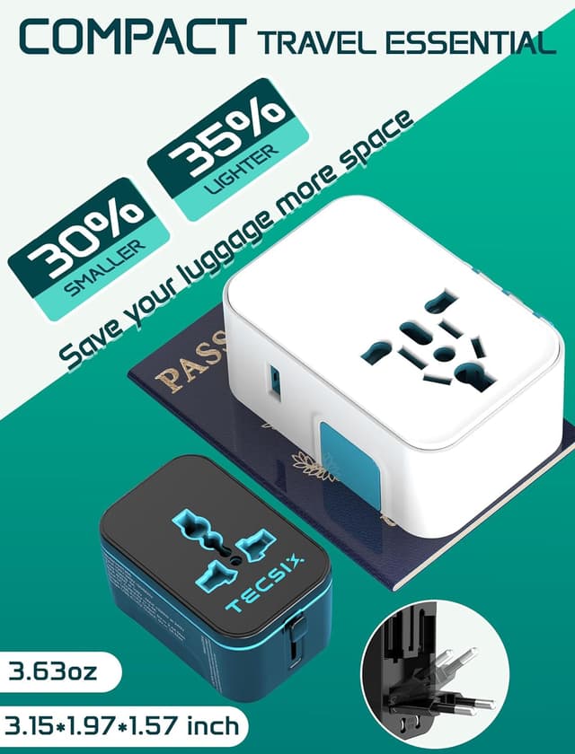 Detalle de TECSIX Weltweiter Universal-Reiseadapter mit 2 USB‑C, 2 USB‑A und AC-Steckdose (für EU/USA & mehr)