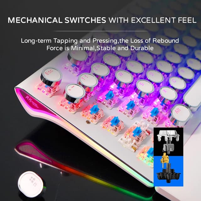 Detalle 1 de RK ROYAL KLUDGE S108 Typewriter Gaming Keyboard with Number Pad, Detachable Wrist Rest, Blue Clicky Switches, Retro RGB