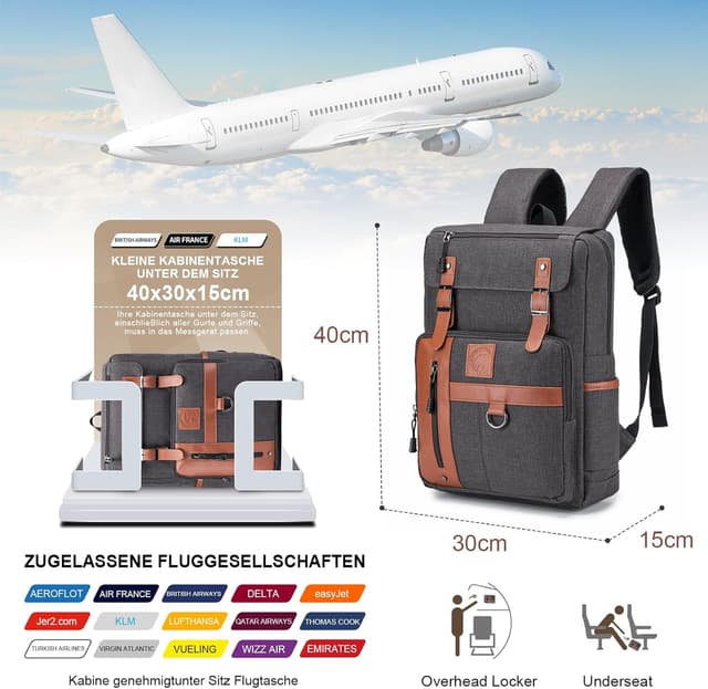 Detalle 2 de SUCIKORIO 40x30x15cm Travel Backpack Underseat Cabin Bag with 15.6-inch laptop compartment (Brown)