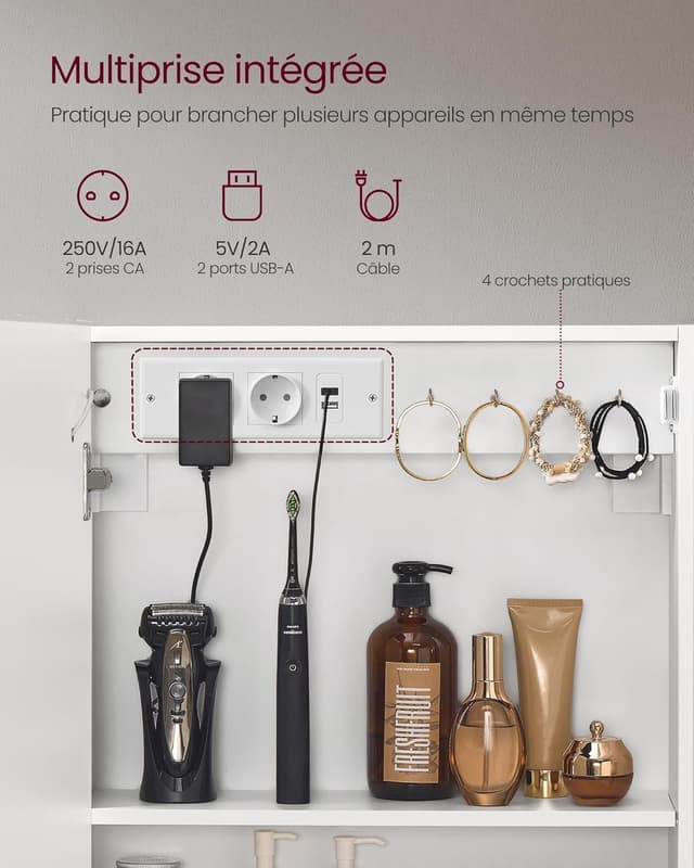 Detalle de Armoire murale de salle de bain VASAGLE Kailyn avec miroir, LED, multiprise et fonction anti-buée
