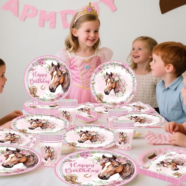 Detalle de Pferd Partygeschirr Set für 10 Gäste – Pferde-Geburtstag Deko mit Papptellern, Tassen & Servietten