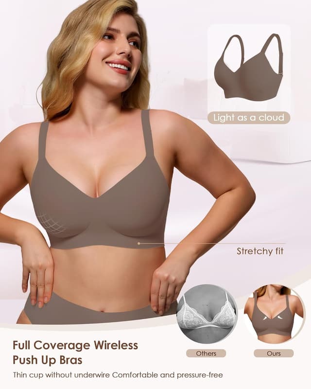 Detalle de As Fairy Wire-Free Soft Comfort No-Underwire V-Neck Seamless Push Up Bralettes (Full Coverage)