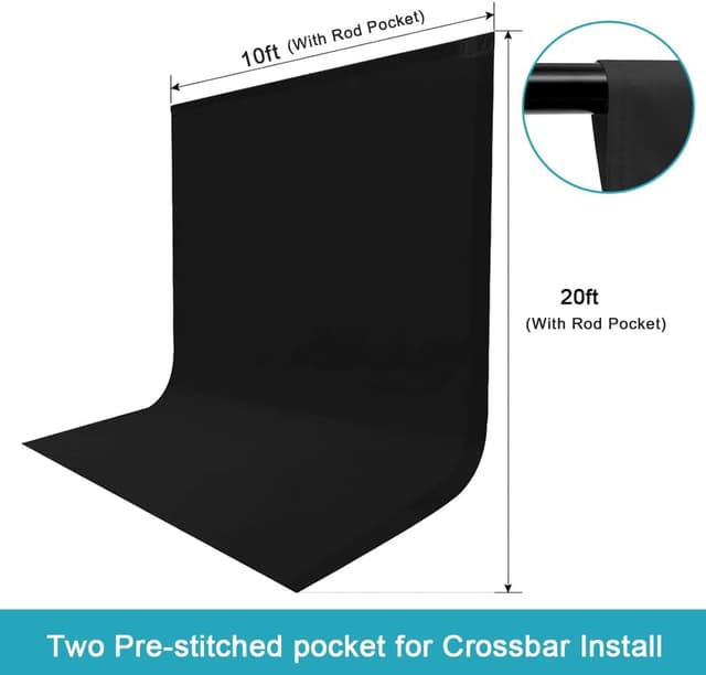 Detalle de LCUIRC 10x20ft Black Photo Backdrop Curtain (Two Rod Pocket) with 4 Spring Clamps for Photography & Events